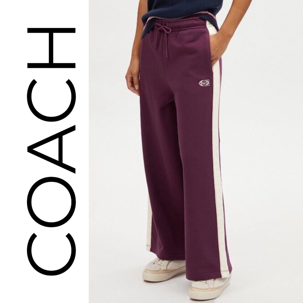 Coach NWT Sporty Wide Leg Cotton Track Pants Beet Purple Terrycloth Logo Women M